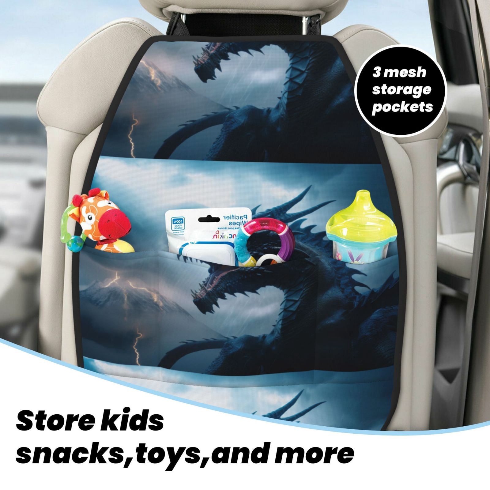 Xecao Blue Thunder Storm Dragon Pattern Car Seat Back Protector 2 Pack Large Capacity Pocket, Kick Mats Back Seat Protector