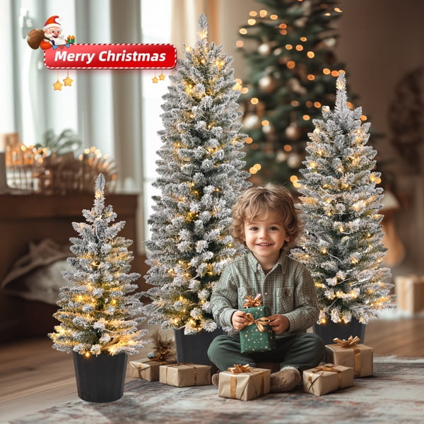 3-Piece Pre-Lit Flocked Christmas Tree Set - Warm White LEDs, Snowy Green PVC Branches, Flame-Retardant, Holiday Decor for Home/Living Room/Entryway