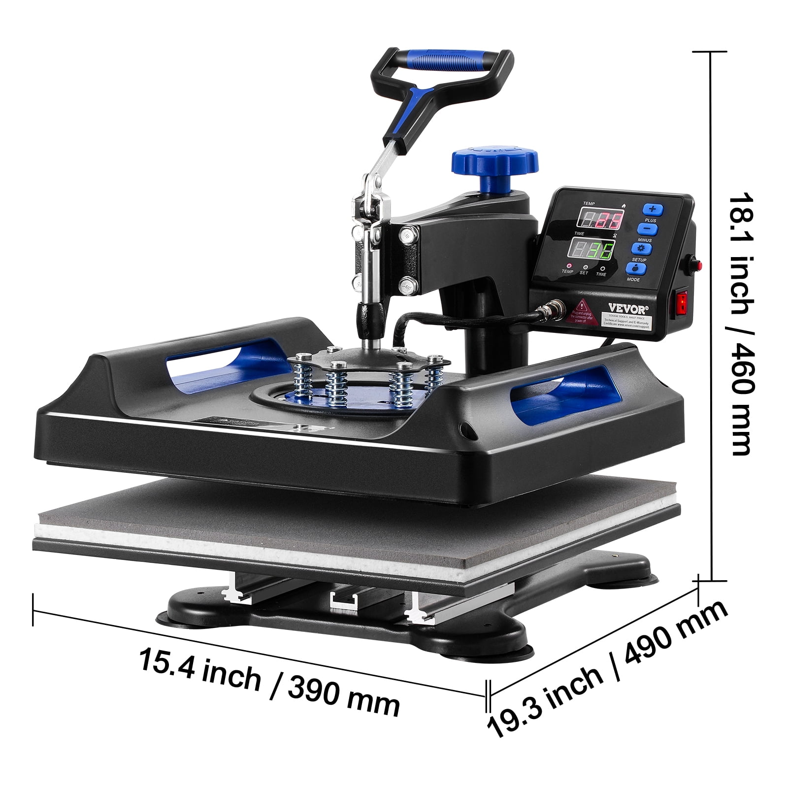 VEVOR Heat Press Machine, 15 x 15 inch, 8 in 1 Heat Transfer Machine with 30 oz Tumbler Press, 360° Swing Away Digital T-Shirt Pressing, Teflon Coating, for T-Shirts/Mugs/Hats/Plates, Black+Blue