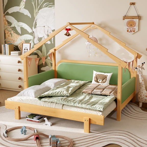 Luckynote Twin Size House Bed, Wood Treehouse Bed with Soft Cushion Rails, Cabin and Playhouse Design, Low Profile Floor Bed, for Versatile Spaces, Green
