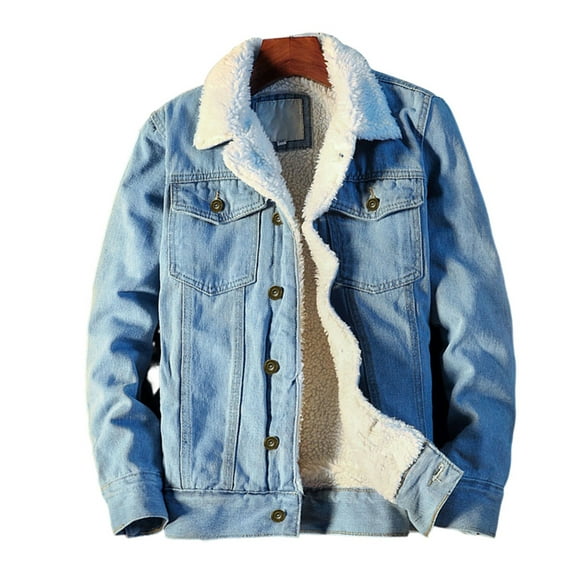 Fusipu Men Jean Jacket Plush Lining Single Breasted Turndown Collar Solid Color Long Sleeve Coldproof Winter Thicken Lapel Denim Coat for Trip