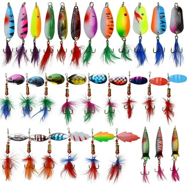 OROOTL 30Pcs Trout Fishing Lures Kit Rooster Tail Spinner Baits Metal Spoon Lures Swimbait with Feathered Treble Hooks Crankbaits Minnow Variety Kit for Trout Bass Salmon Crappie