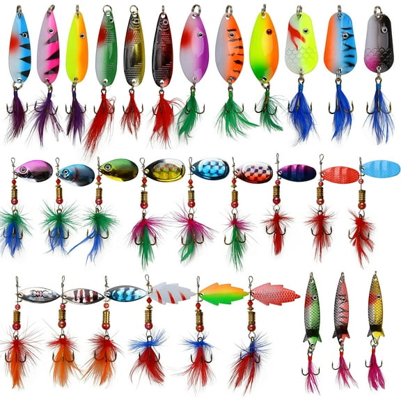 OROOTL 30Pcs Trout Fishing Lures Kit Rooster Tail Spinner Baits Metal Spoon Lures Swimbait with Feathered Treble Hooks Crankbaits Minnow Variety Kit for Trout Bass Salmon Crappie