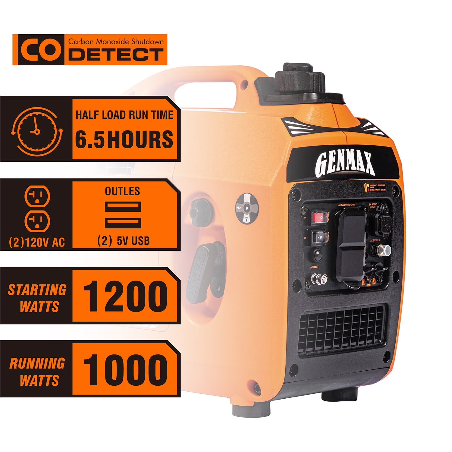 GENMAX GM1200i 1200-Watt Portable Small Inverter Generator 25.3lb Ultralight Outdoor Camping Motorhome Caravan Recoil Start Petrol Gasoline Powered Equipment Super Quiet 57 cc Engine