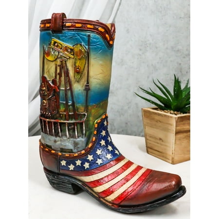 Rustic Western American USA Flag With Oil Derrick Cowboy Boot Money Piggy Bank