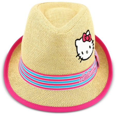 Sanrio Hello Kitty natural straw fedora with chevron pink and blue band.
