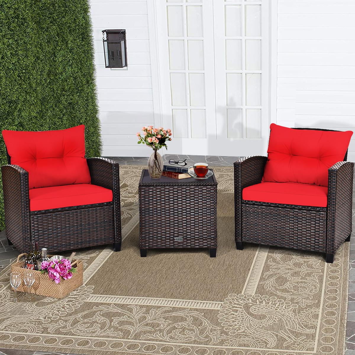 Giantex 3 Pieces Steel Rattan Patio Outdoor Sofa Set Cushion and Tempered Glass Tabletop Set, Red