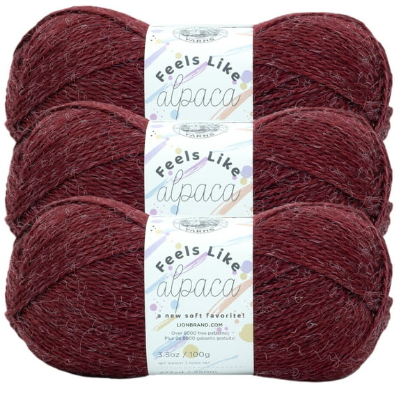 Lion Brand Yarn Feels Like Alpaca Burgundy Light Acrylic, Polyester, Nylon Red Yarn 3 Pack