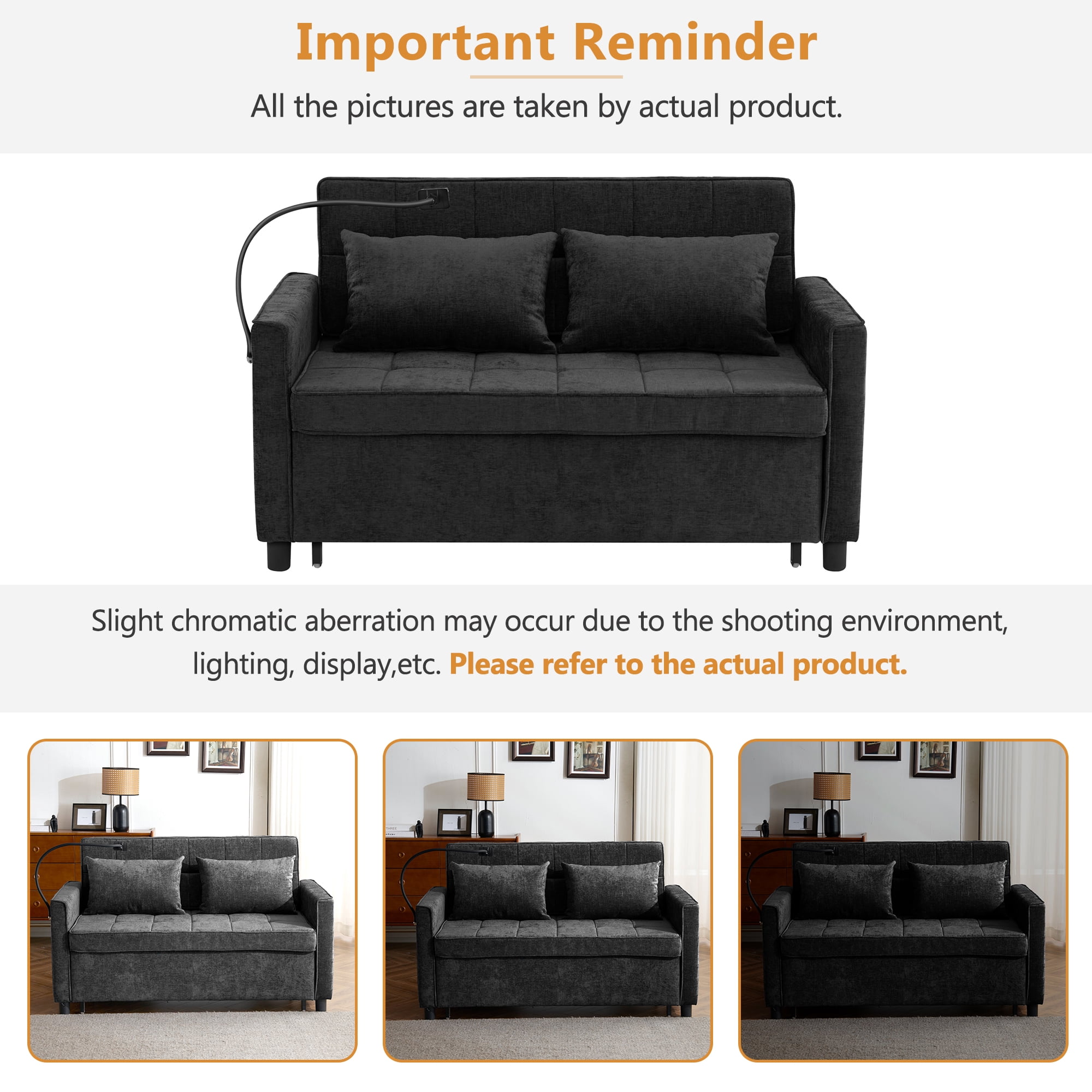 Euroco 56.9" Loveseat Sofa Pull-out Sofa Bed Sleeper Sofa with a Reversible Backrest Cushion, Side Pockets, Two USB Ports and a Phone Holder for Living Room, Black