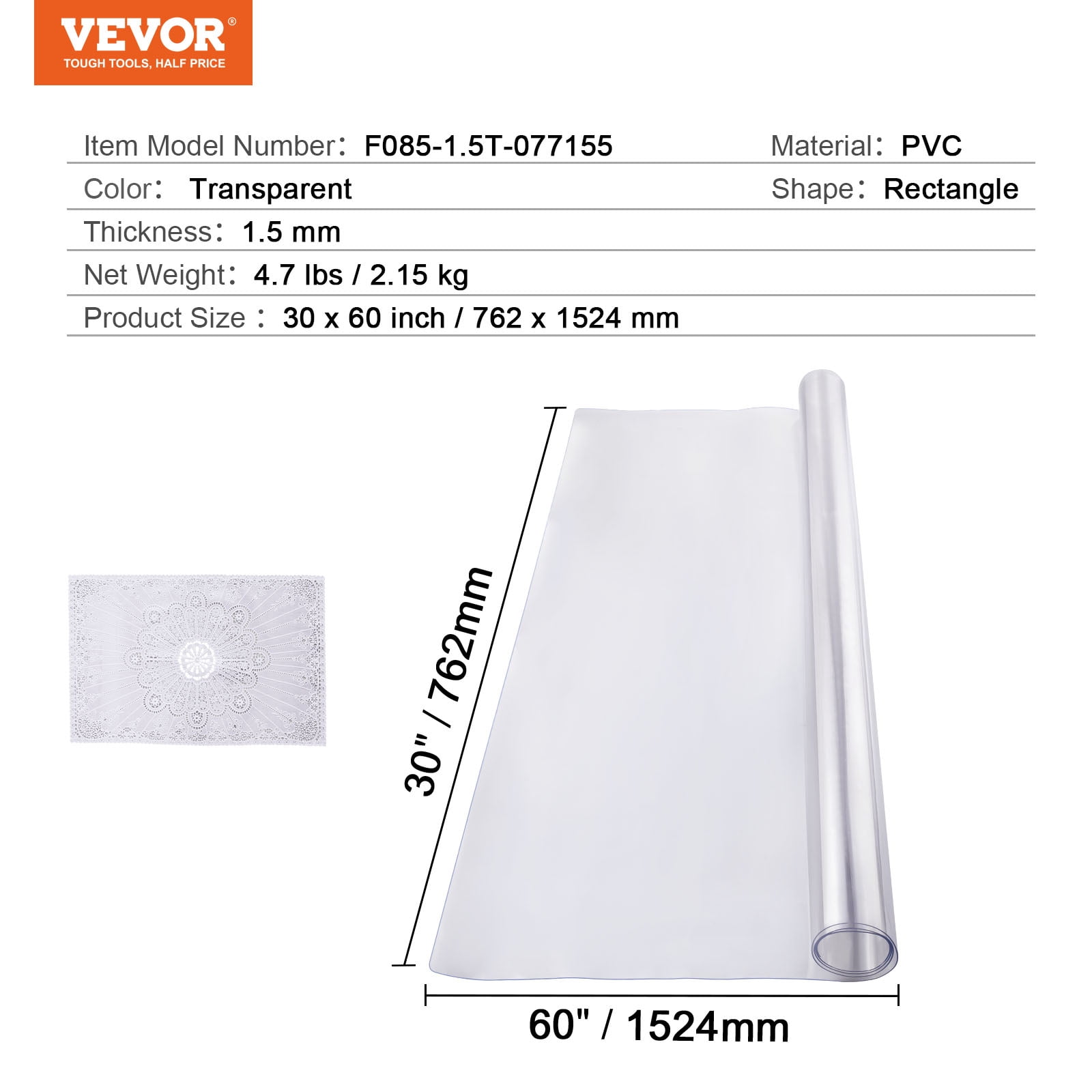 VEVOR Plastic Table Cover, 30 x 60 Inch 1.5 mm Thick Clear Table Protector, Rectangle PVC Desk Mat, Waterproof & Easy Cleaning Desk Pad Tablecloth, for Office Dresser Dining Room Table Night Stand
