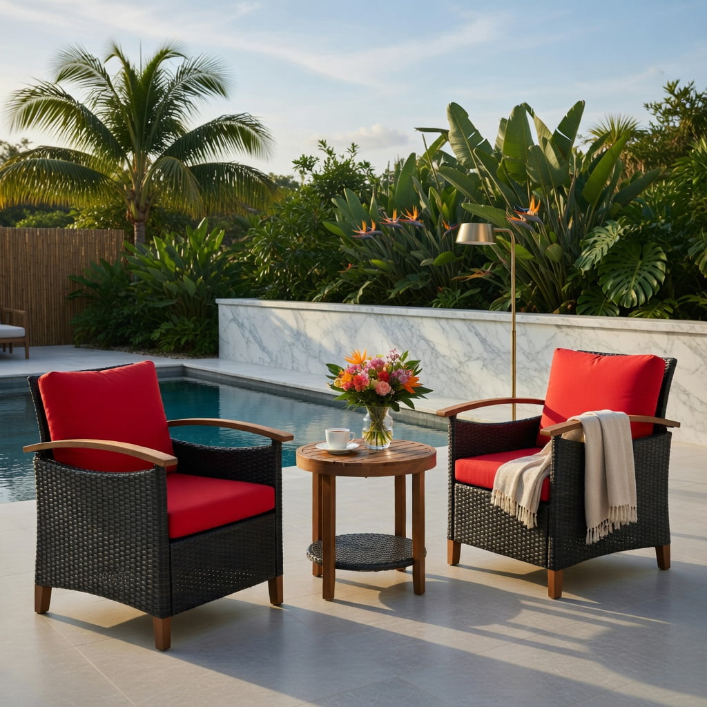 Hommoo 3-Piece Outdoor Rattan Patio Furniture Set with Washable Cushions & Acacia Wood Table, Red