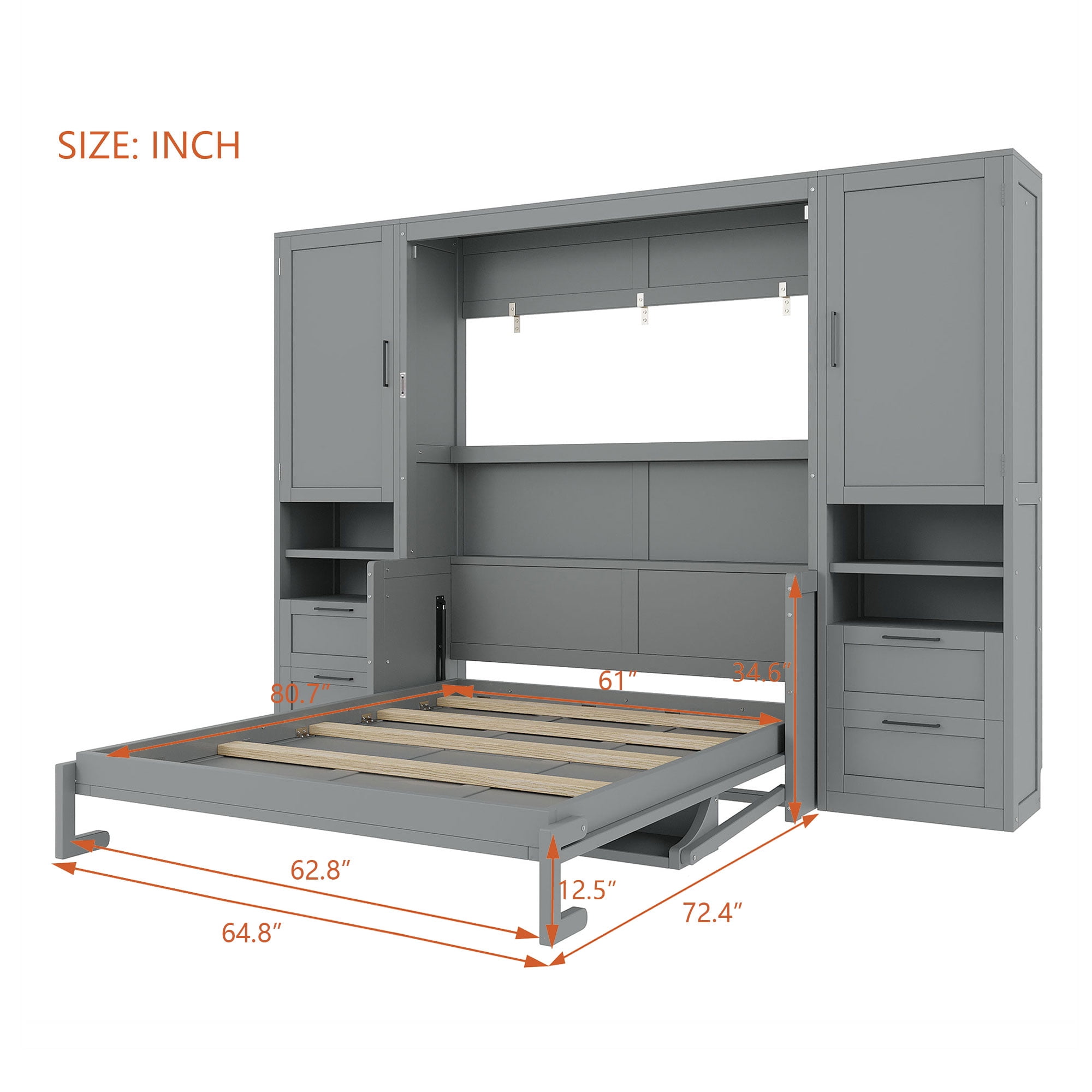 Mintazer Queen Size Murphy Bed with Side Wardrobes & 4 Drawers, Foldable Wall Cabinet Bed with Large Storage & Console Table for Guest Room Home Office Bedroom, Grey