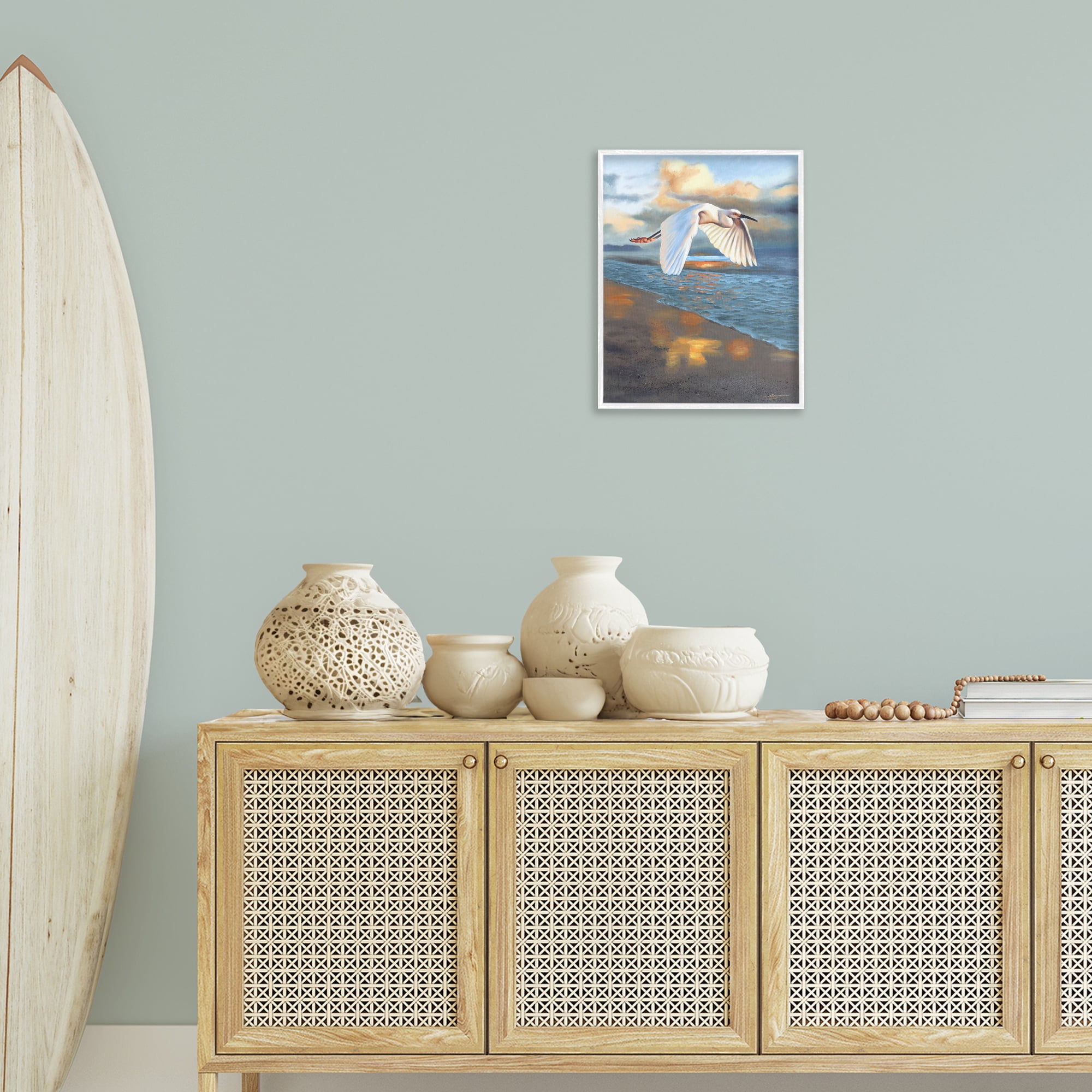 Stupell Industries Egret Wingspan over Beach Landscape Painting White Framed Art Print Wall Art, 16 x 20