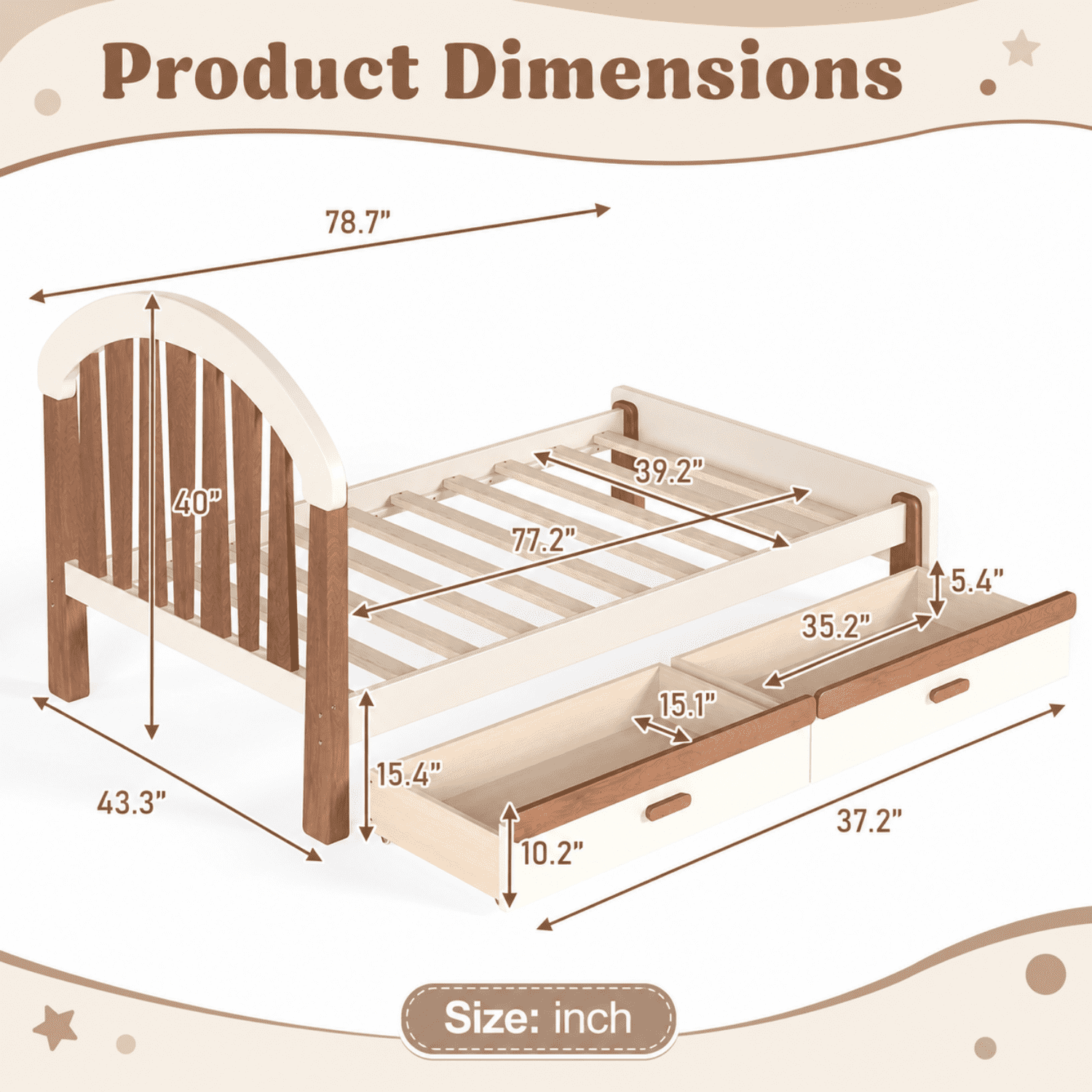 Miniyam Twin Size Kids Bed Frame with Storage Drawer, Wooden Platform Bed, Beige & Natural