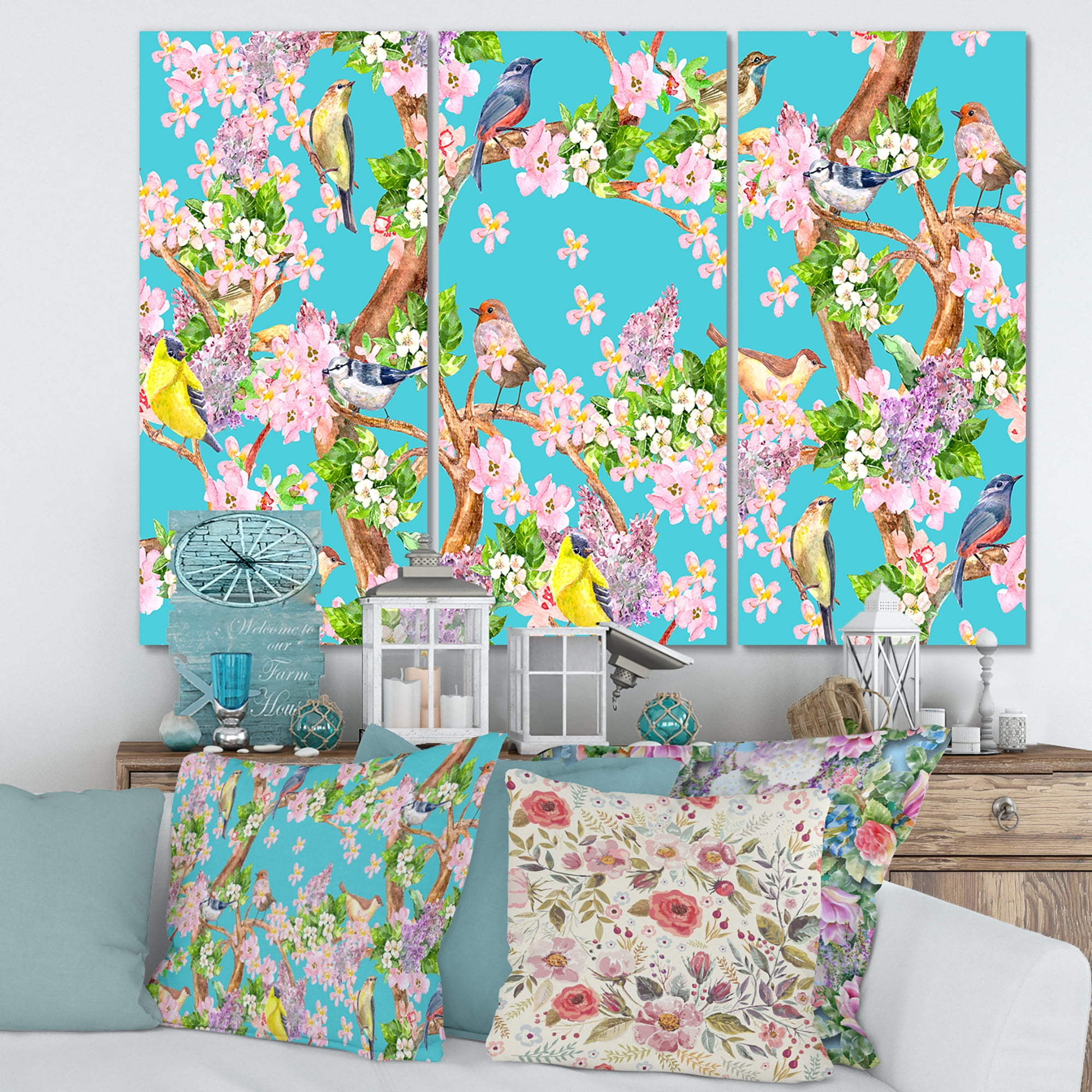 Designart ' Little Birds Sitting On Spring Flow Tree ' Traditional Canvas Wall Art Print