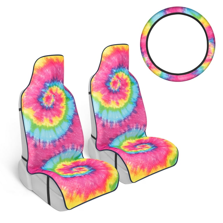 Carbella Rainbow Tie Dye Universal Car Seat Covers Set Seat Covers with Matching Steering Wheel