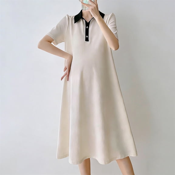 BRGZLK Women's Maternity Summer Casual Short Sleeve Midi Dress, Lapel Collar Loose Pullover Pregnancy T-Shirt Dresses
