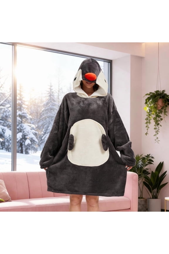 Womens Penguin Hooded Wearable Blanket Pajama  Ultra Soft Plush Oversized Sleepwear with Front Pocket, Cozy Winter Lounging Hoodie