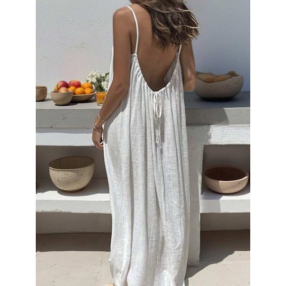 Womens White Spaghetti Strap Long Dress, Flowy Backless Maxi Vacation Dress
