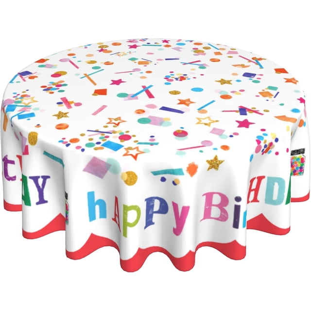 60 Inch Happy Birthday Round Tablecloth Colorful NoWrinkle Fabric, Perfect for Birthday Parties, Home Celebrations