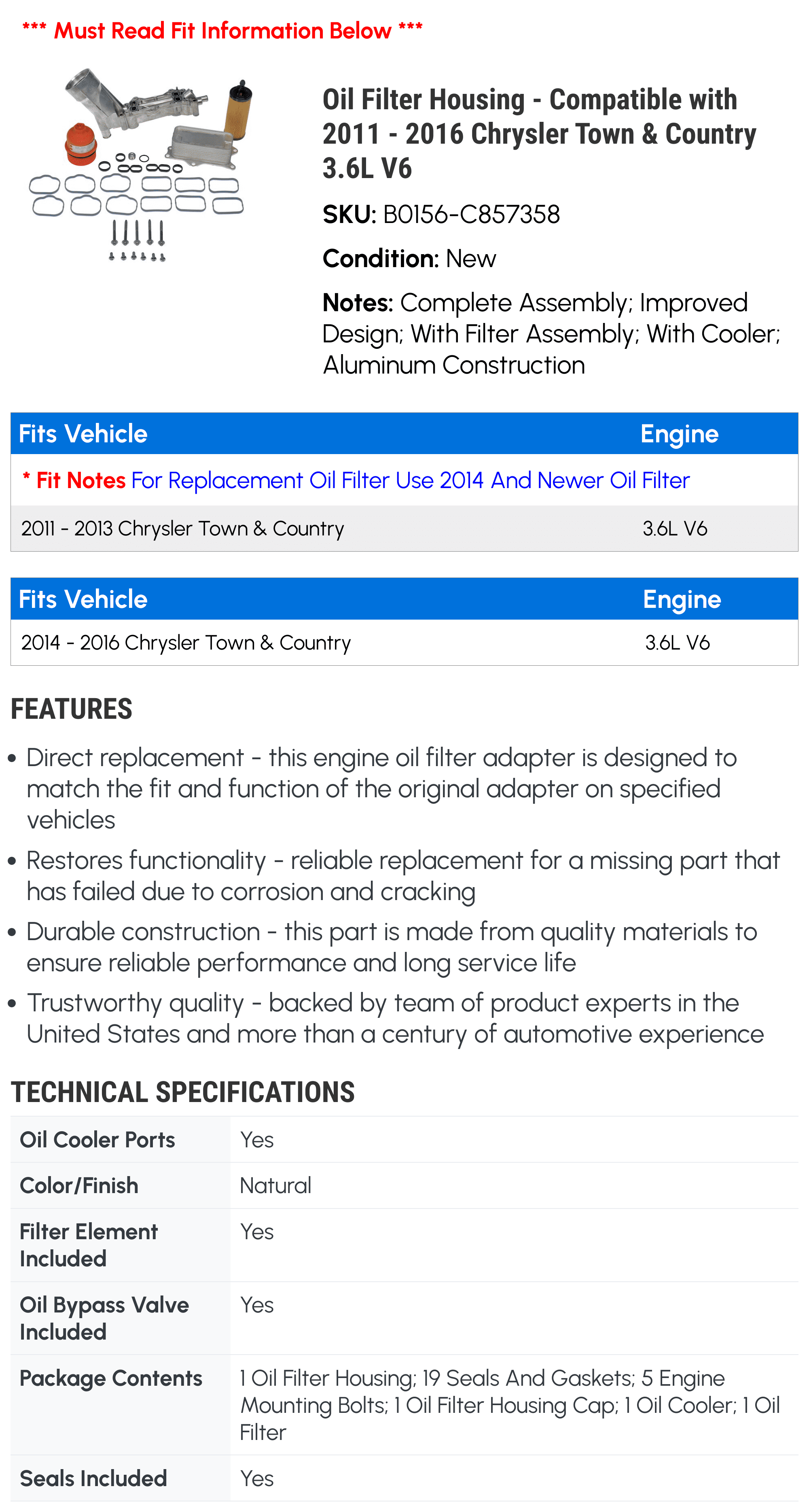 Oil Filter Housing - Compatible with 2011 - 2016 Chrysler Town & Country 3.6L V6 - Dorman