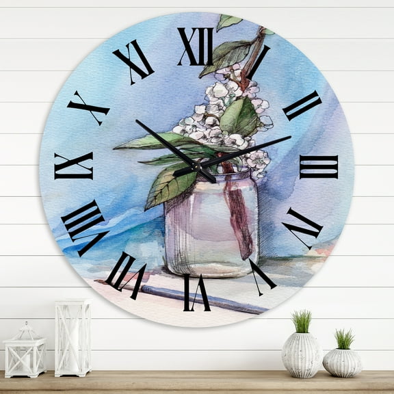 Designart 'Cherry Blossom In Glass Jar' Farmhouse Wall Clock