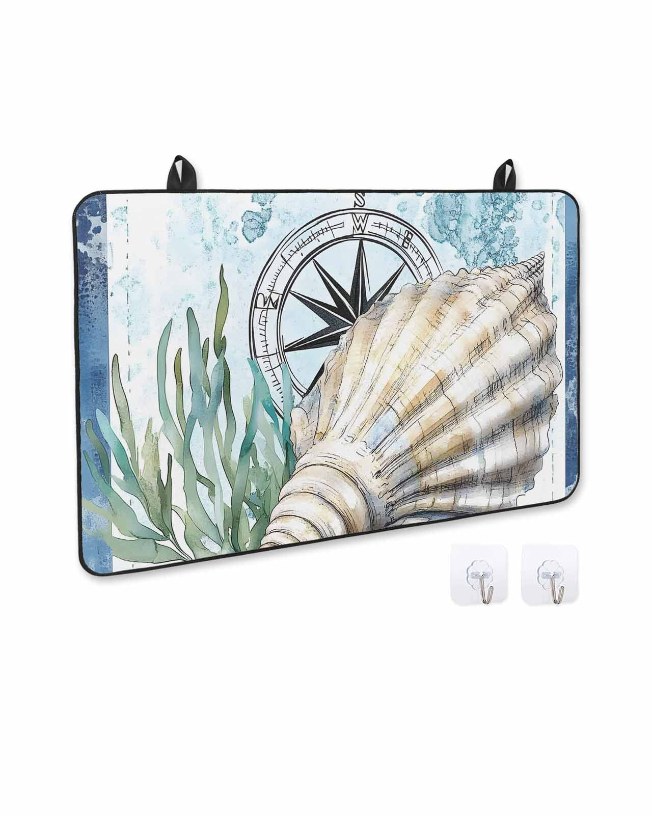 nqOlkjepod Large Induction Cooktop Protector Mat 24"x21", Coastal Ocean Stove Top Covers for Electric Stove, Summer Nautical Compass Shell Seaweed Stove Burner Cover Mats, Glass Top Stove Cover
