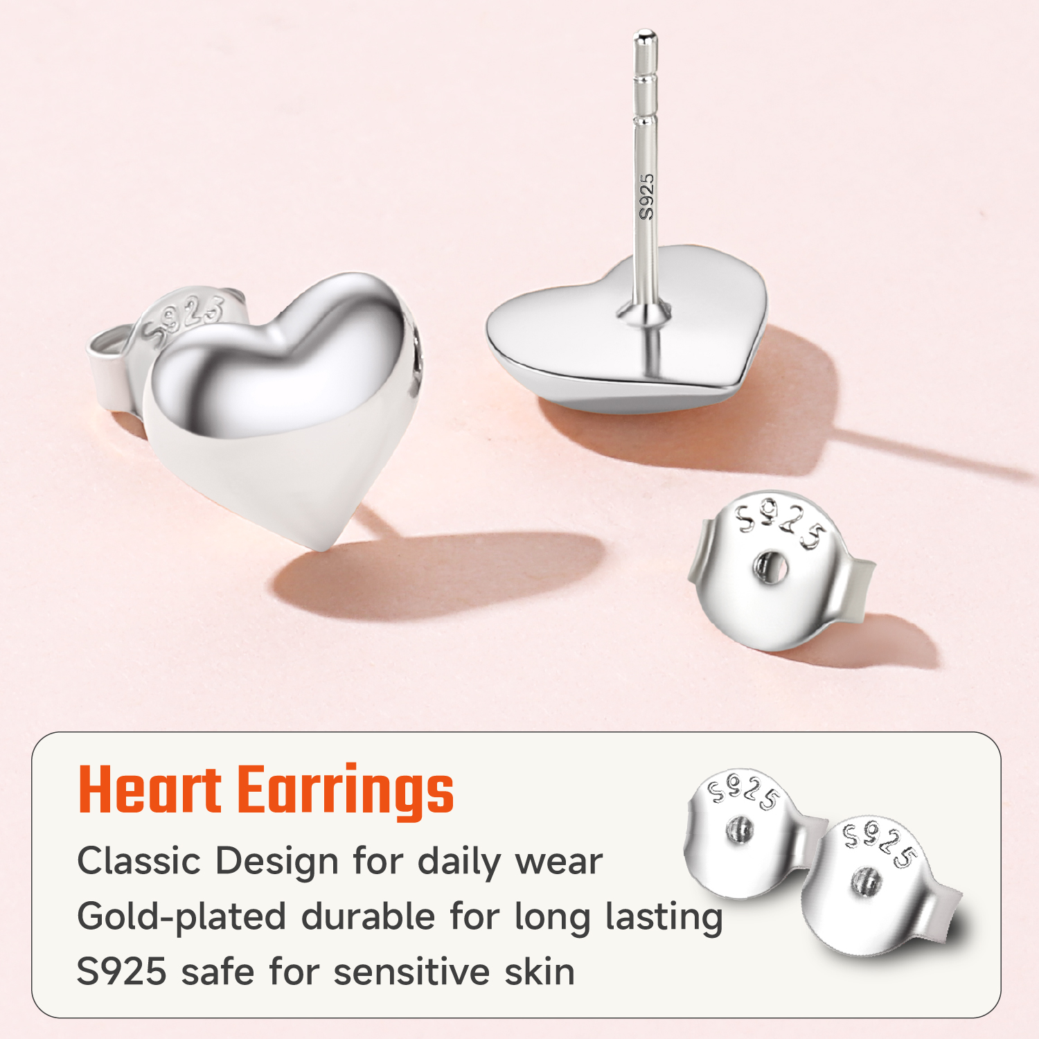 Just Being Cute Real Sterling Silver Heart Earrings for Women, Silver Heart Stud Earrings Birthday Graduation Mothers Day Jewelry Gifts for Mom/Wife/Her, 7mm