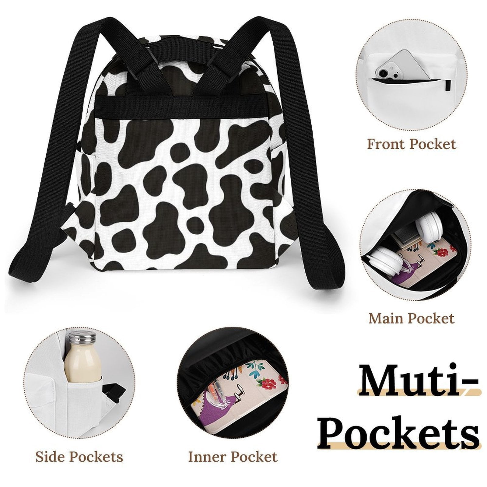 8.1×10in Casual Women'S Backpack With Anti-Contraction And Stretch For Sports Activities Travel Picnics Black White Cow Print