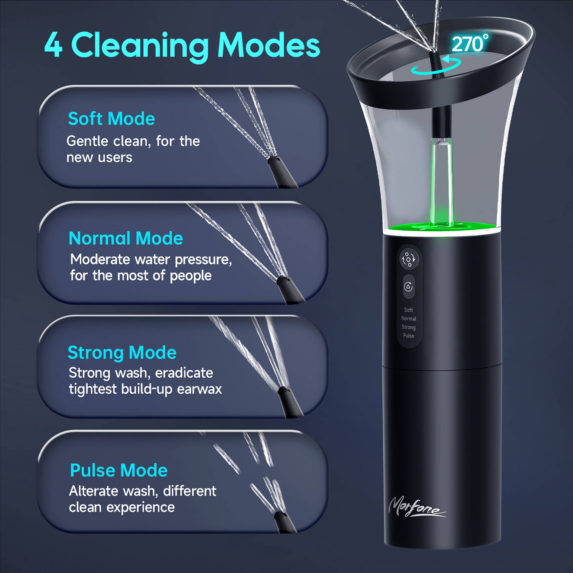 Morfone Ear Wax Removal with One-Piece Waste Tank, Ear Cleaner with Water Temperature Sensor, 4 Pressure Settings, Ear Cleaning Kit for Ear Wax Buildup & USB-C Cable, IPX6, Black