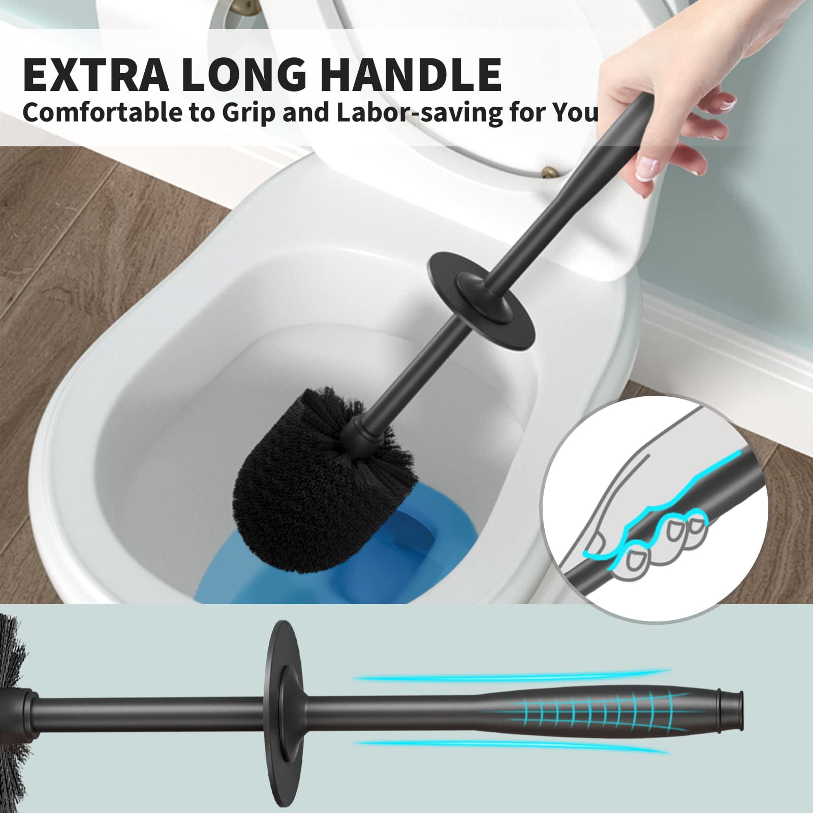 Toilet Brush and Holder 2 Pack, Toilet Bowl Brush with Extra Long Handle, Toilet Scrubber and Covered Holder, Toilet Brushes for Bathroom-Space Saving, Covered Brush, Durable, Deep Cleaning