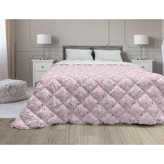 Botanic Down Alternative Comforter, Pastel Blossom Branches Little Tulip Petals Along Leaves and Herbs, Microfiber Quilt for All Season, 5 Sizes, Green Violet Blue and Pink, by Ambesonne