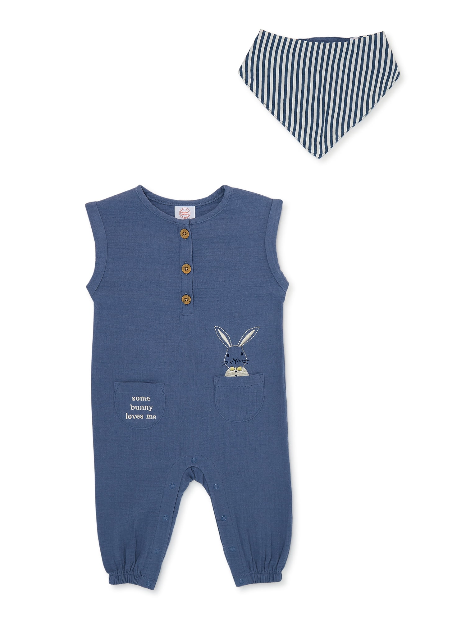 Wonder Nation Baby Boy Bunny Romper and Bandana Set, 2-Piece, Sizes 0-24 Months