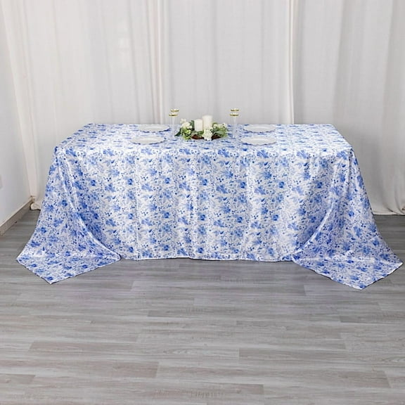 BalsaCircle 90x132 in White Satin Rectangle Tablecloth Blue Floral Print Party Events Decorations Supplies