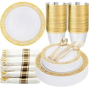 50 Guests Dinnerware Sets, Gold Plastic Plates，Platos Para Fiestas Elegantes Desechables Include:50 Dinner Plates, 50 Dessert Plate, 150 Pcs Plastic Silverware, 50 Cups for Party