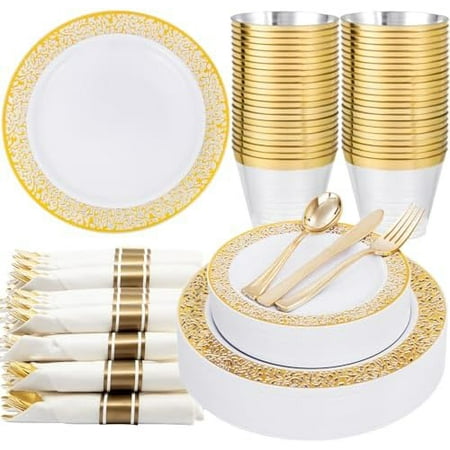 50 Guests Dinnerware Sets, Gold Plastic Plates，Platos Para Fiestas Elegantes Desechables Include:50 Dinner Plates, 50 Dessert Plate, 150 Pcs Plastic Silverware, 50 Cups for Party