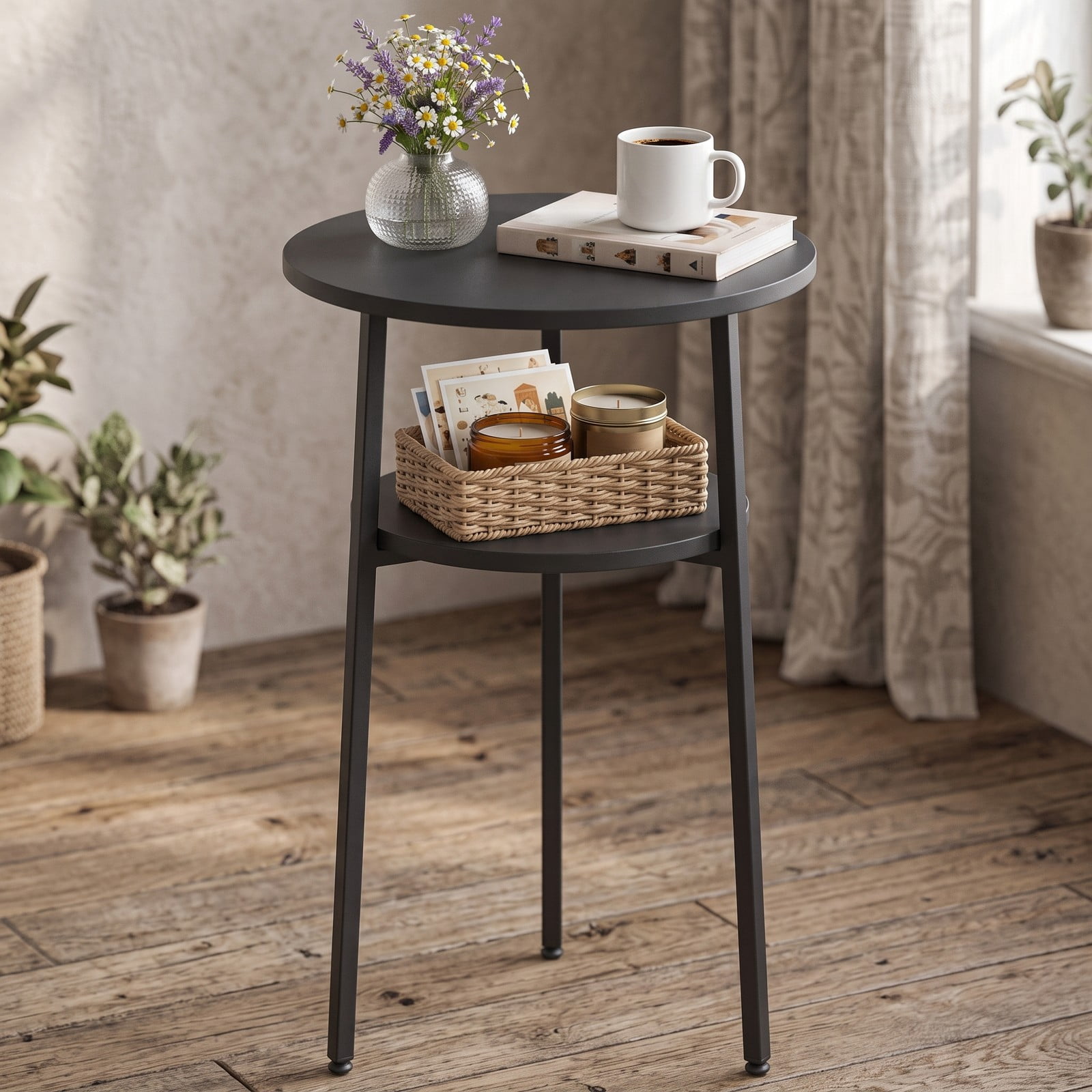 Furnibear Set of 2 Round Side Table with Storage Shelf and Metal Frame, 2-Tier End Table Nightstand for Living Room Bedroom Small Spaces, Black