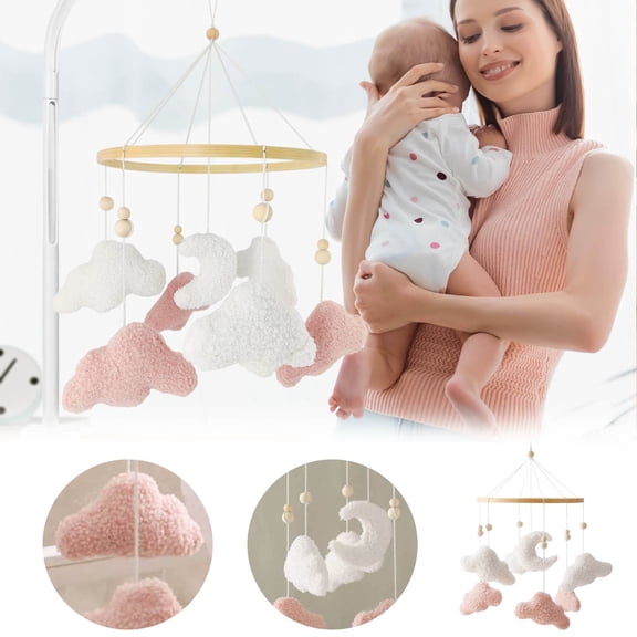 Baby Mobile for Crib Bunny Nursery Mobile for Boys Girls Teddy Velvet Mobile Nursery Decor for Bedroom Hanging Baby Mobile for Bassinet Baby Gift(Pink Clouds)