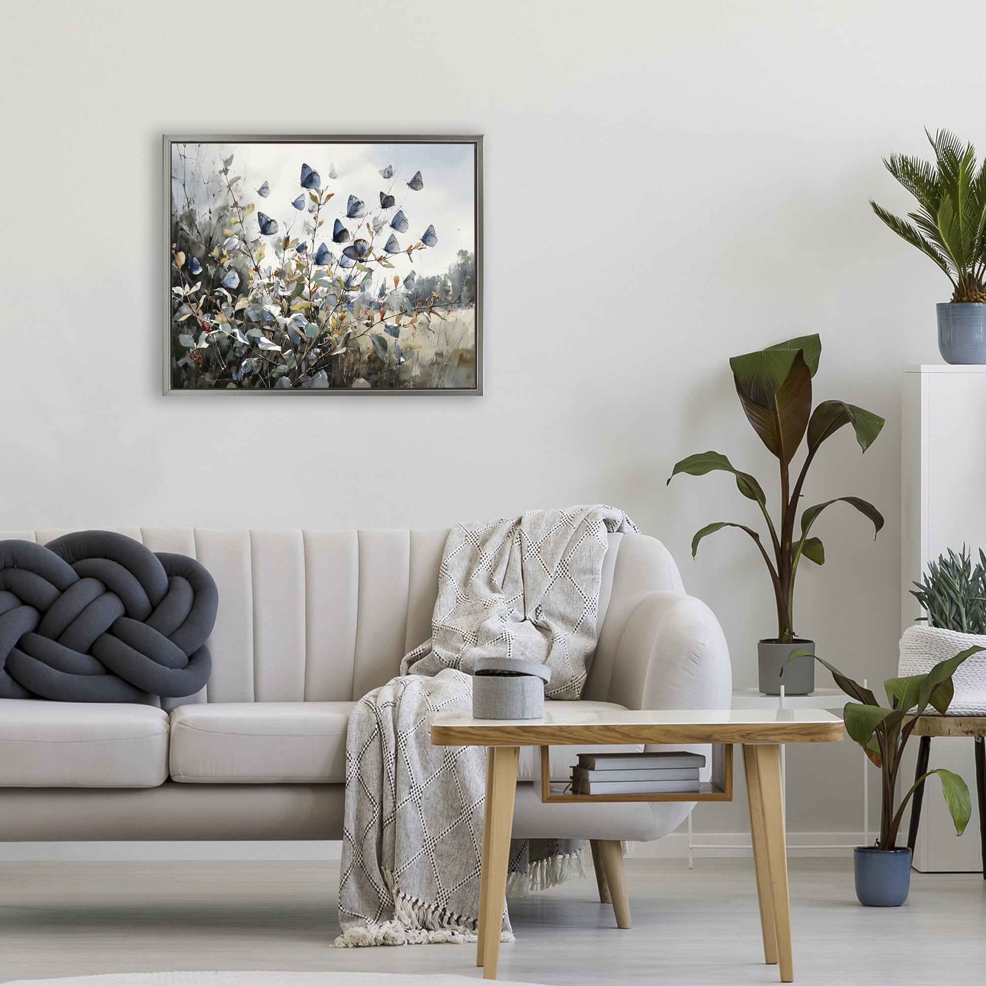 Stupell Industries Blue Butterflies Among Meadow Leaves Gray Framed Floater Canvas Wall Art, design by Franklyn Gregory