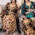 thumbnail image 4 of Women Ramadan Arab Dubai Ethnic Maxi Dress Embroidery Lace Long Sleeve Muslim Kaftan Floral Print Mesh Belted Eid Mubarak Turkish Robe Gown, 4 of 19
