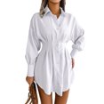 thumbnail image 2 of Chemise Blanche Robe Mini Chemise Robe en Fibre de Polyester Plissée Taille Cintrée Asymétrique Revers Col Boutonné Robe Blanche S, 2 of 6