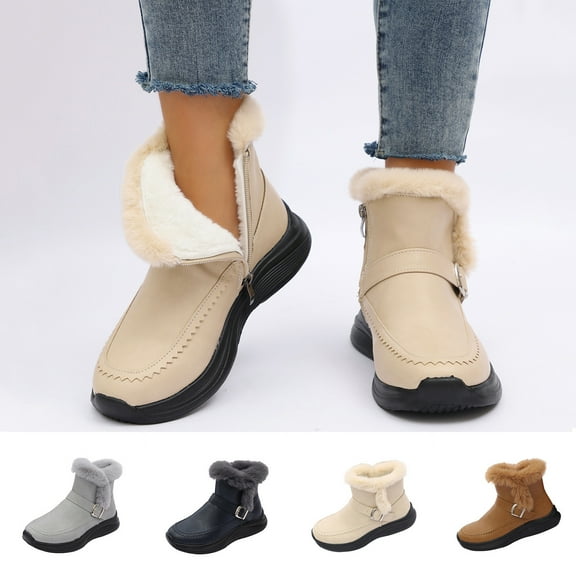 Women Ankle Snow Boots Flat Heel Thick Velvet Round Toe Side Zipper Ankle Women's Flats Boots Women Trendy Casual Outdoor Dressy Winter Velvet Comfortable Warm Shoes Beige 6.5