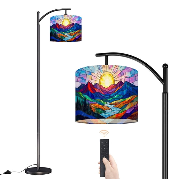 Arc Floor Lamp with Adjustable Lampshade Stained Glass Mountain Landscape Vibrant Sunset River Flow Standing Lamp 3 Color Temperatures Dimmable Tall Pole Lamp with Foot Switch for Bedroom