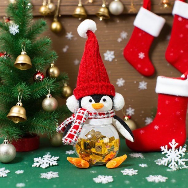 Seyotauo Penguin Statue Candy Jar, Plastic Dish Figurines, Cute Funny Penguin with Red Hat Animal Statue Bowl With Lids, Gifts for Office Desk Home Table Decor, Storage Containers