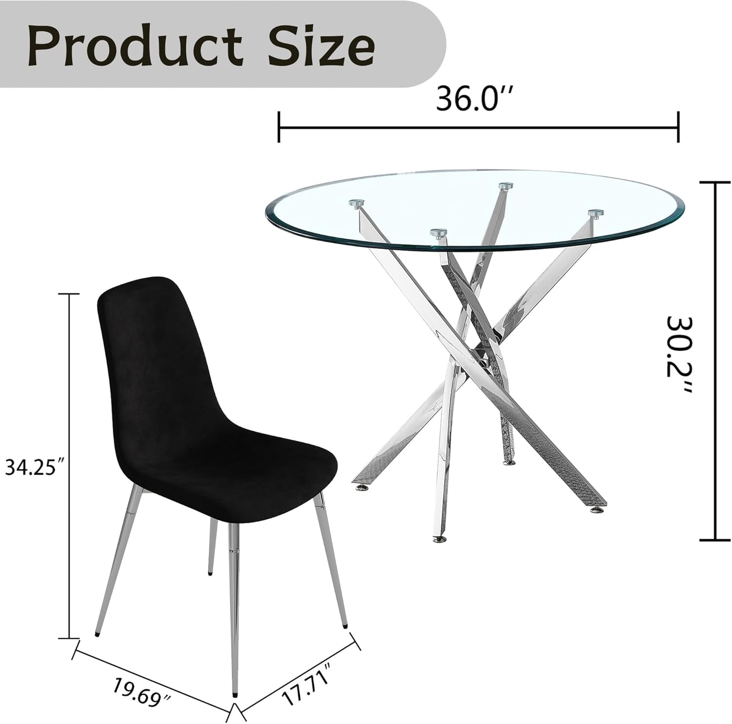 5-Piece 36" Round Glass Dining Set, Clear Tempered Glass Table & 4 Velvet Chairs with Stainless Steel Legs for Kitchen, Meeting Room