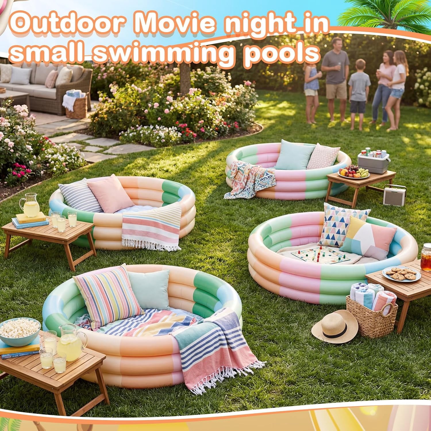 4 Pack Inflatable Kiddie Pool for Toddlers Blue Stripe Blow up Kids Swimming Pool Small 3 Rings Round Baby Pools for Indoor Outdoor Water Game Play Center