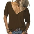 thumbnail image 3 of MPWEGNP Brown T Shirts for Women's Fashion Deep V Neck Short Sleeve Top Solid Color Casual Loose Basic T Shirt Cotton, 3 of 5