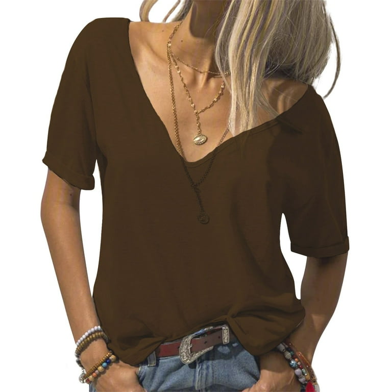 Brown T Shirts For Women's Fashion Deep V Neck Short Sleeve Top