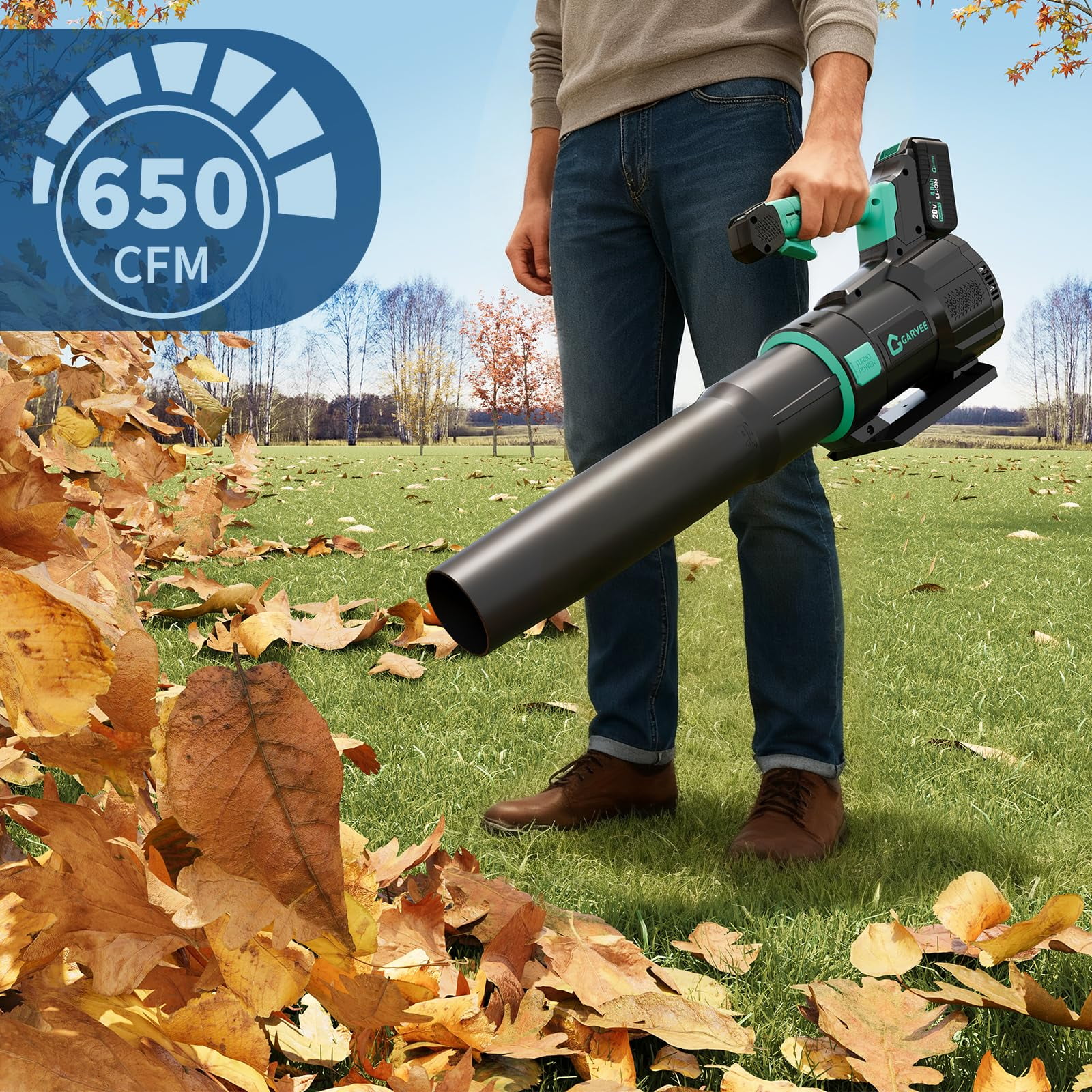 Juiluna Leaf Blower Cordless- 20V Electric Leaf Blower 650CFM 200MPH & 2 Speed Mode, 1 * 4.0Ah Battery Powered, 1*Charger Leaf Blowers for Lawn Care, Blowing Leaves, Patio, Dust