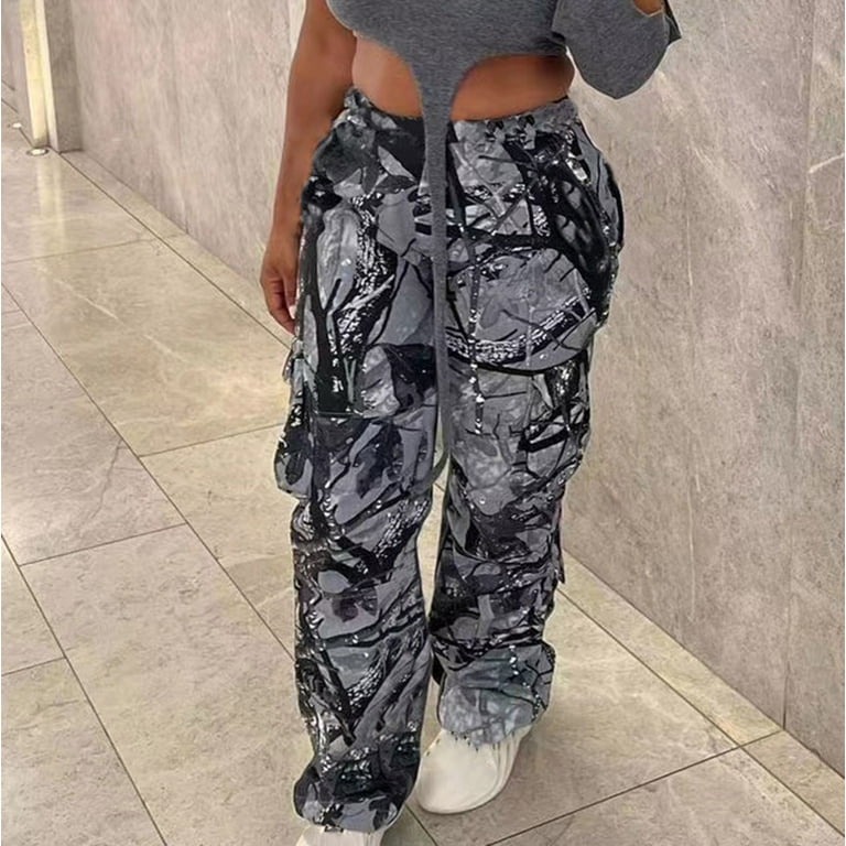 YYDGH Womens Camouflage Cargo Pants Baggy Camo Print Wide Leg Trousers Army  Fatigue Pants Gray XXL 